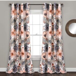 Elegant Floral Curtains - Coral, Gray, and White